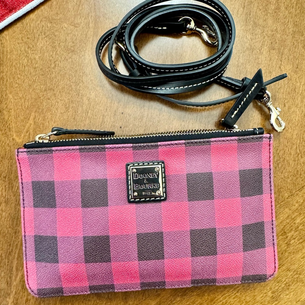 Dooney & Bourke Pink Plaid Crossbody Wristlet with Black Strap